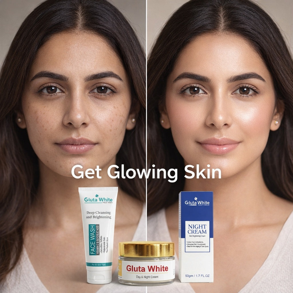Gluta White Complete Skincare Set | Face Wash + Day Cream + Night Cream | Skin Brightening & Anti-Aging | Deep Cleansing Formula