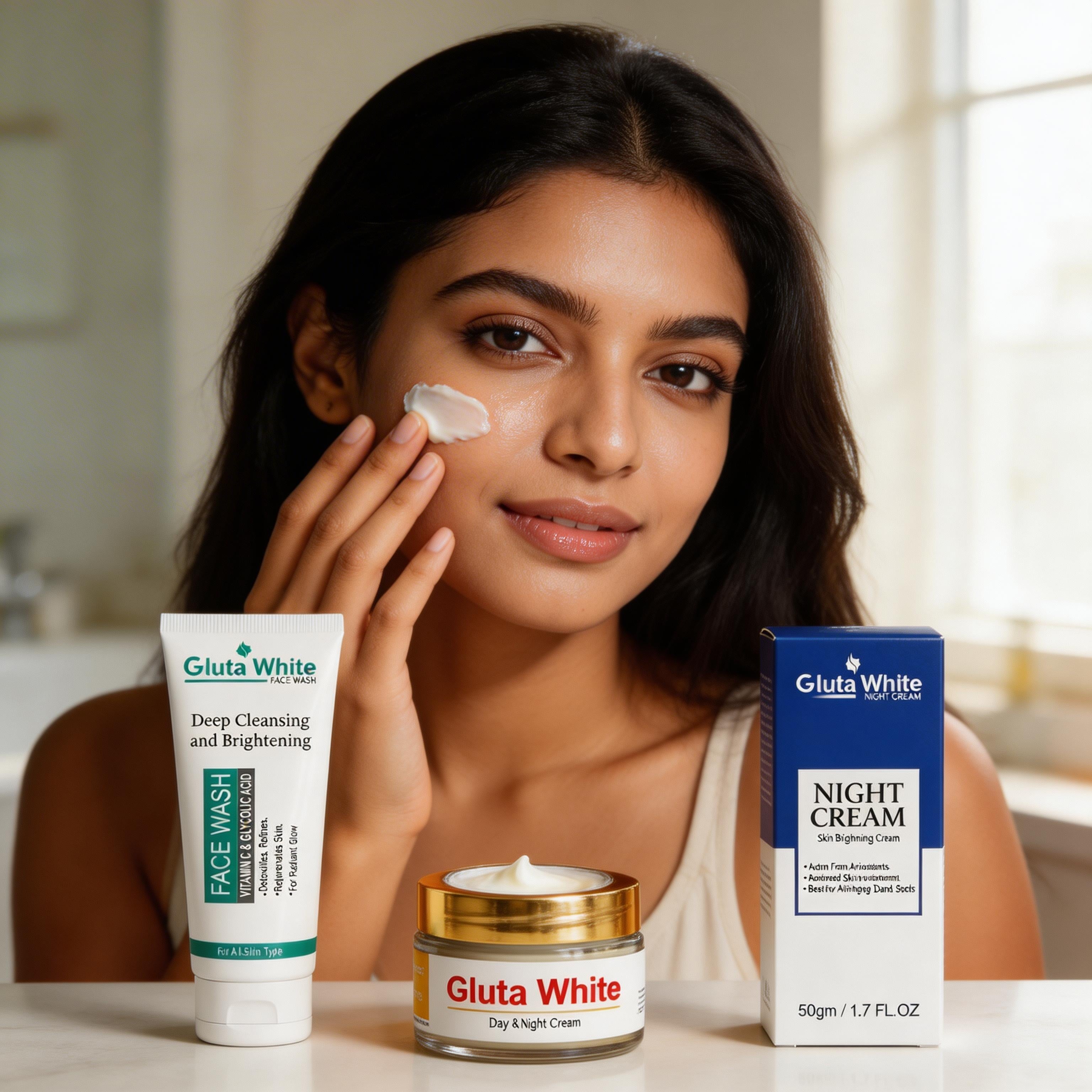 Gluta White Complete Skincare Set | Face Wash + Day Cream + Night Cream | Skin Brightening & Anti-Aging | Deep Cleansing Formula