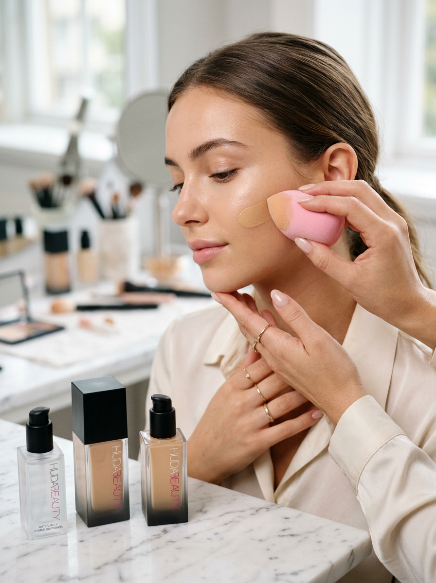 Huda Beauty Ultimate Complexion Set - Foundation, Primer & Beauty Blender Sponge | Professional Makeup Kit