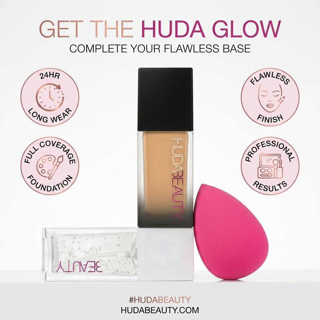 Huda Beauty Ultimate Complexion Set - Foundation, Primer & Beauty Blender Sponge | Professional Makeup Kit