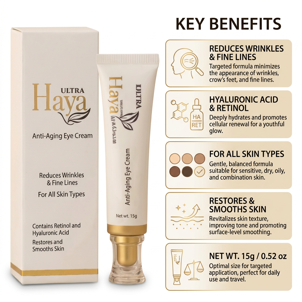 Ultra Haya Anti-Aging Eye Cream - Reduces Wrinkles & Fine Lines - Hyaluronic Acid & Retinol - For All Skin Types - 15g