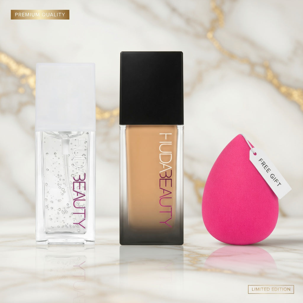 Huda Beauty Ultimate Complexion Set - Foundation, Primer & Beauty Blender Sponge | Professional Makeup Kit