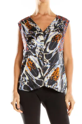 Black and Orange Abstract Print Silk Top