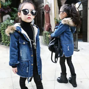 New winter Kids girls denim jacket children plus thick velvet jacket